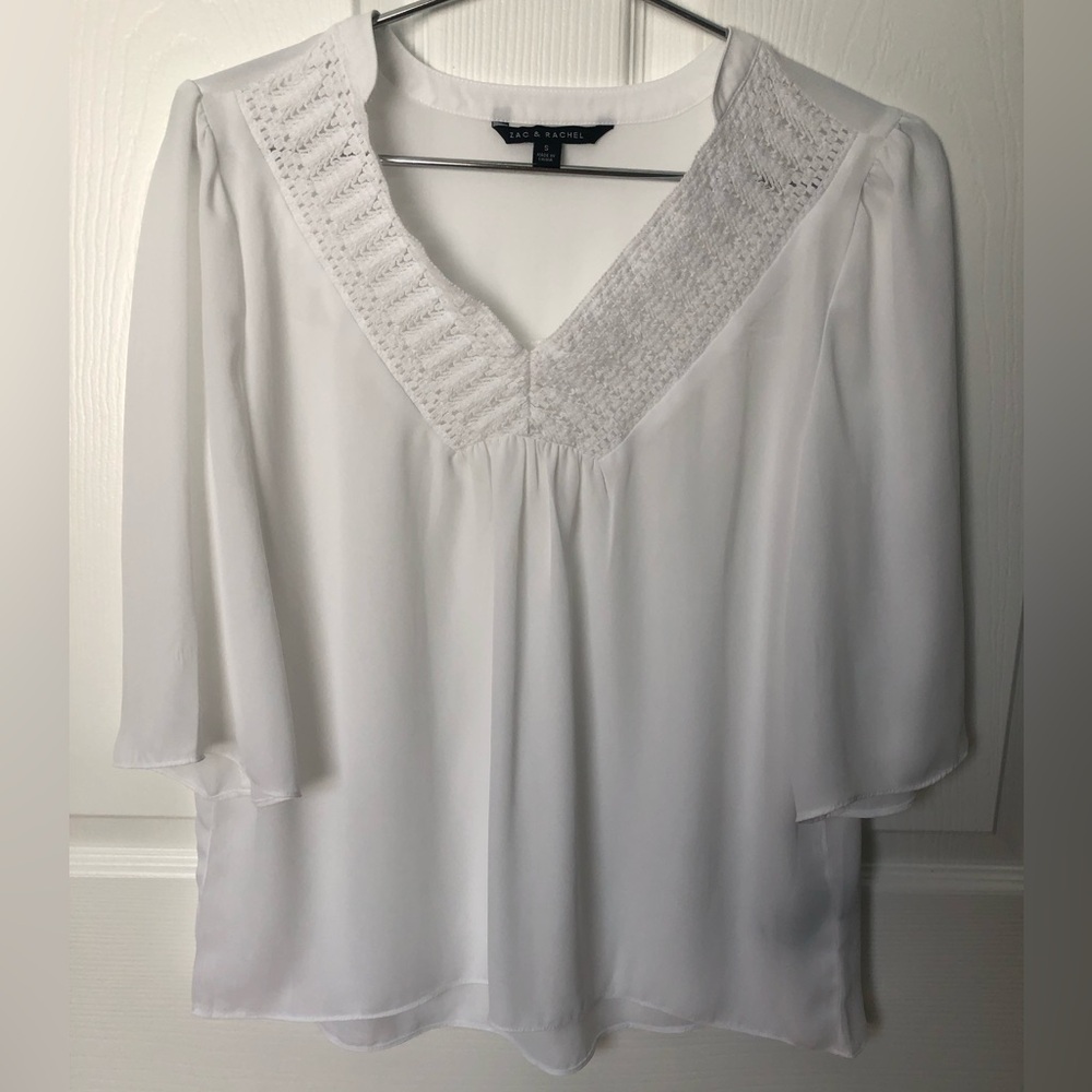 Zac and Rachel Pleated V Neckline 3/4 Sleeve White Blouse Size S